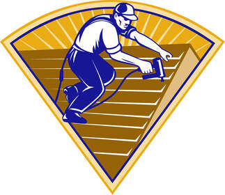 Graphic of a roofing contractor nailing roof shingles on a roof.