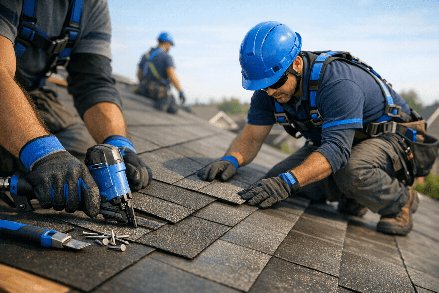 Professional roofing crew wearing safety gear working on a modern residential roof