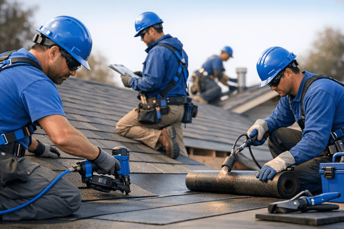 Close-up of roofer’s gloved hands aligning asphalt shingles on a clean roof