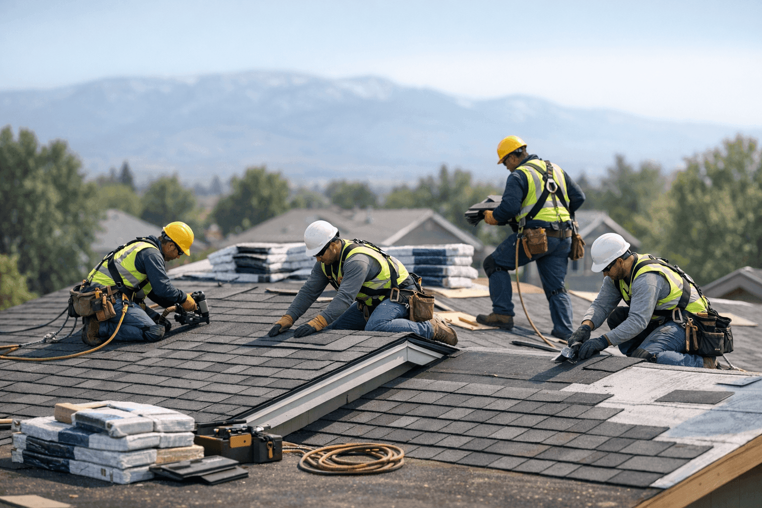 Roofing crew installing new shingle roof on Reno home with mountains in background