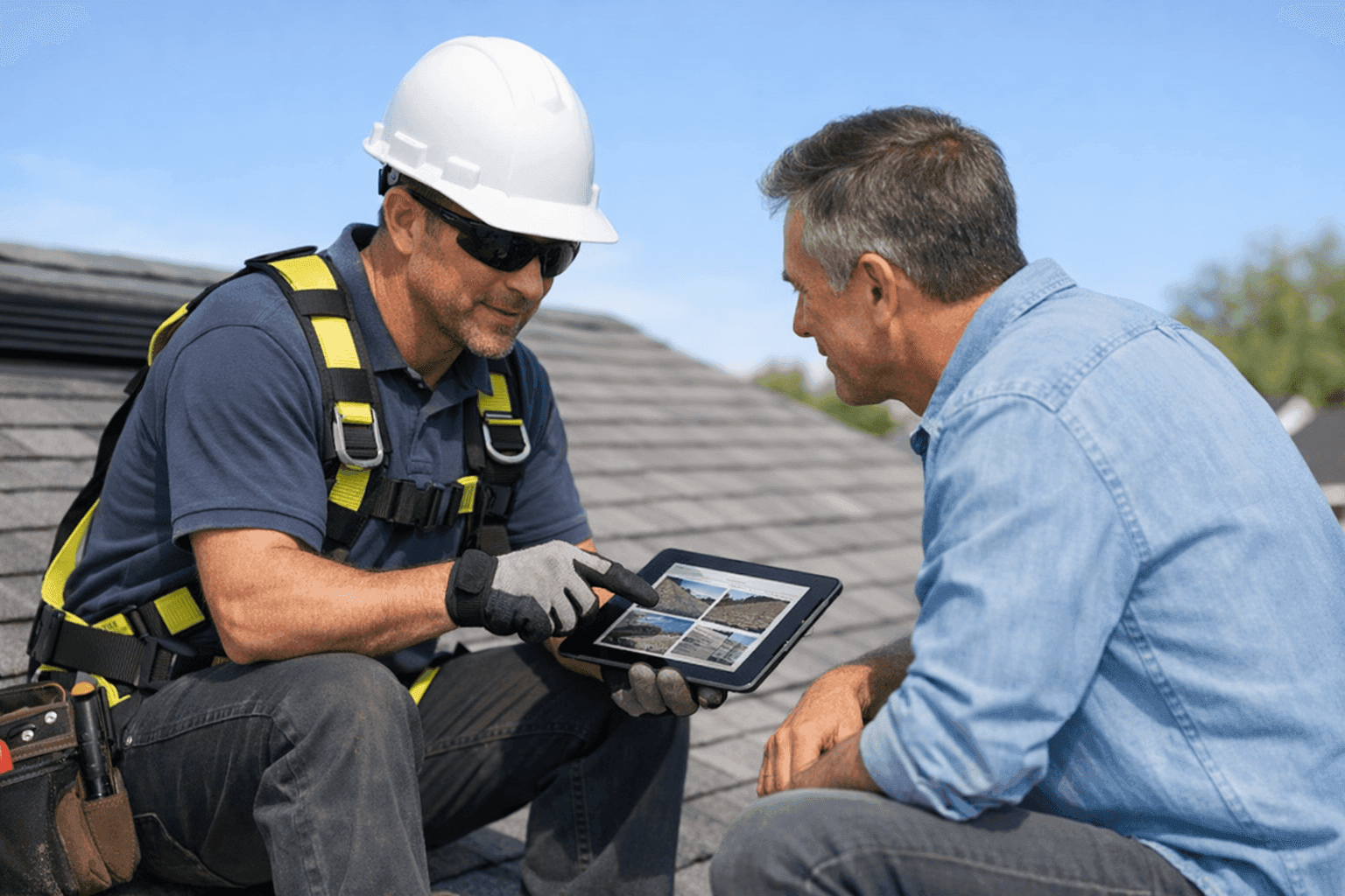 Professional roofing contractor and Reno homeowner discussing roof inspection on site