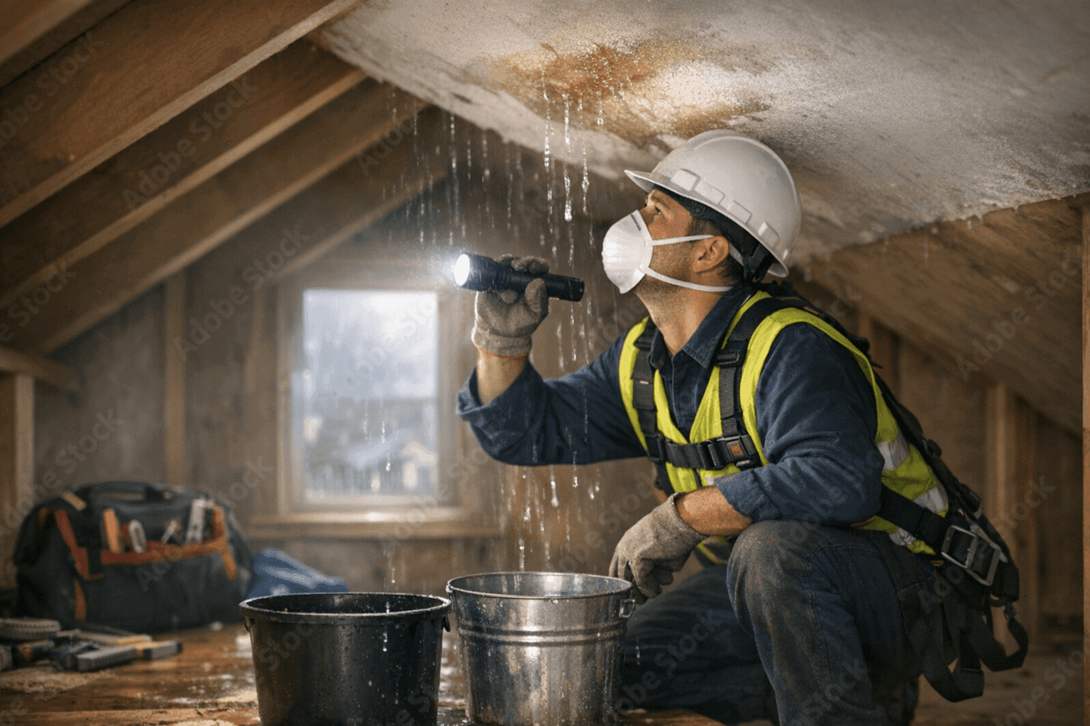 Technician inspecting attic roof leak with flashlight during rain in Reno home